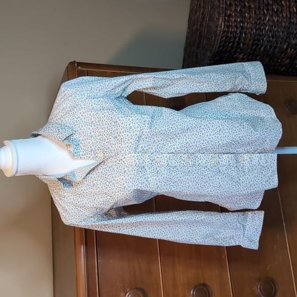 DULUTH TRADING CO Wms Medium White Navy Daisy Button Down Long Sleeve - Picture 6 of 13